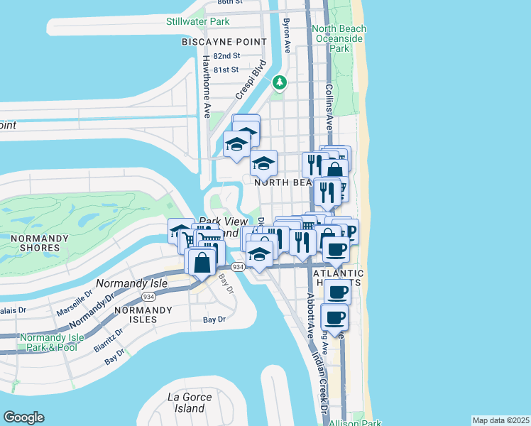 map of restaurants, bars, coffee shops, grocery stores, and more near 7310 Dickens Avenue in Miami Beach