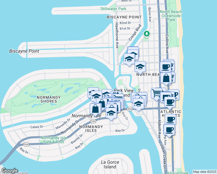 map of restaurants, bars, coffee shops, grocery stores, and more near 85 North Shore Drive in Miami Beach
