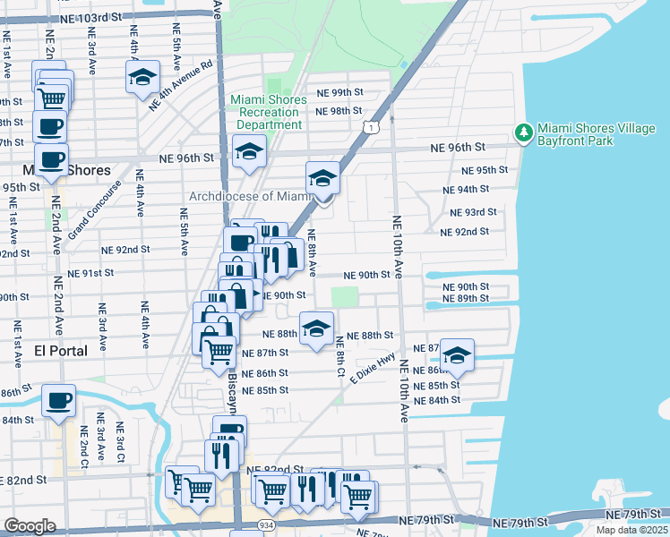 map of restaurants, bars, coffee shops, grocery stores, and more near 864 Northeast 90th Street in Miami