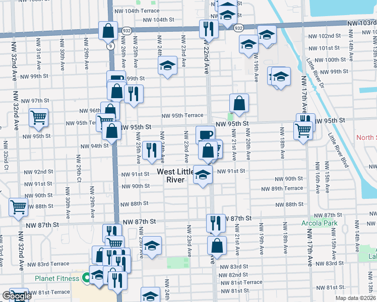 map of restaurants, bars, coffee shops, grocery stores, and more near 2330 Northwest 93rd Street in Miami