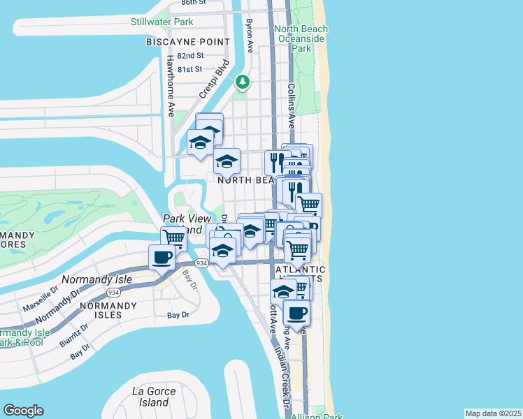 map of restaurants, bars, coffee shops, grocery stores, and more near 26 73rd Street in Miami Beach