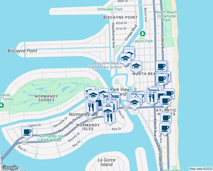 map of restaurants, bars, coffee shops, grocery stores, and more near 99 North Shore Drive in Miami Beach