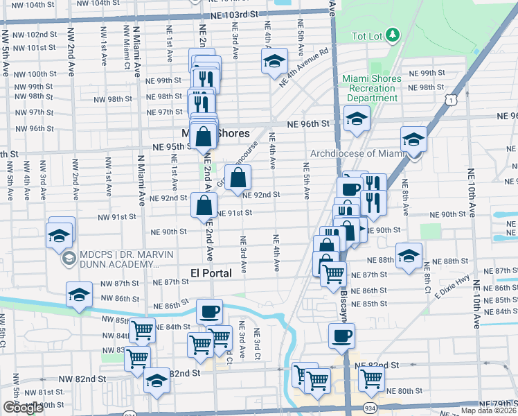 map of restaurants, bars, coffee shops, grocery stores, and more near 353 Northeast 91st Street in Miami Shores