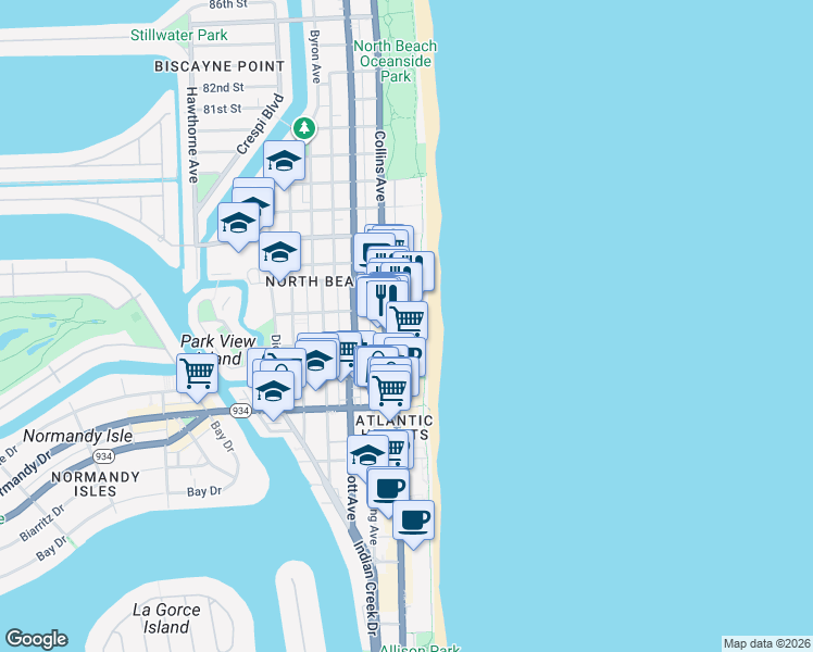map of restaurants, bars, coffee shops, grocery stores, and more near 7300 Ocean Terrace in Miami Beach