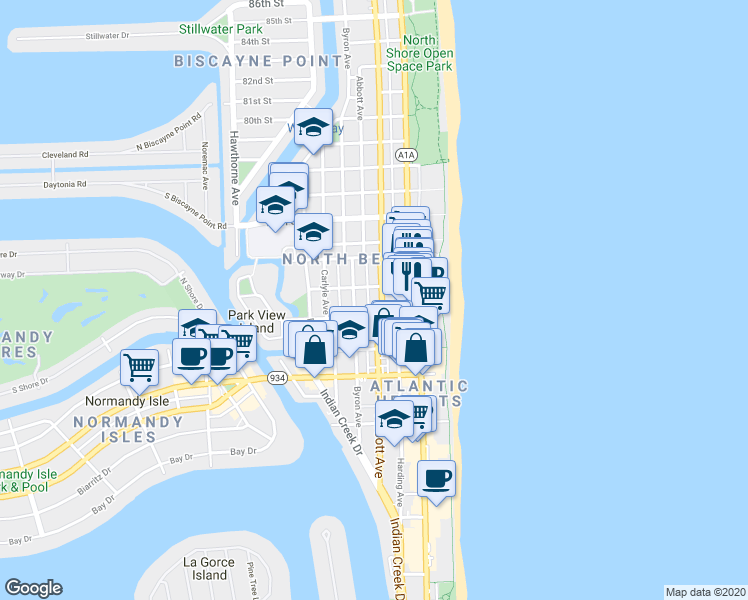 map of restaurants, bars, coffee shops, grocery stores, and more near 26 73rd Street in Miami Beach