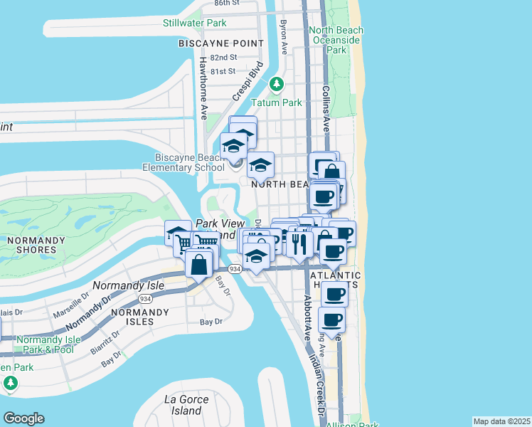 map of restaurants, bars, coffee shops, grocery stores, and more near 7310 Dickens Avenue in Miami Beach
