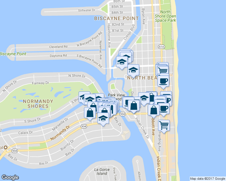 map of restaurants, bars, coffee shops, grocery stores, and more near 7356 Gary Avenue in Miami Beach