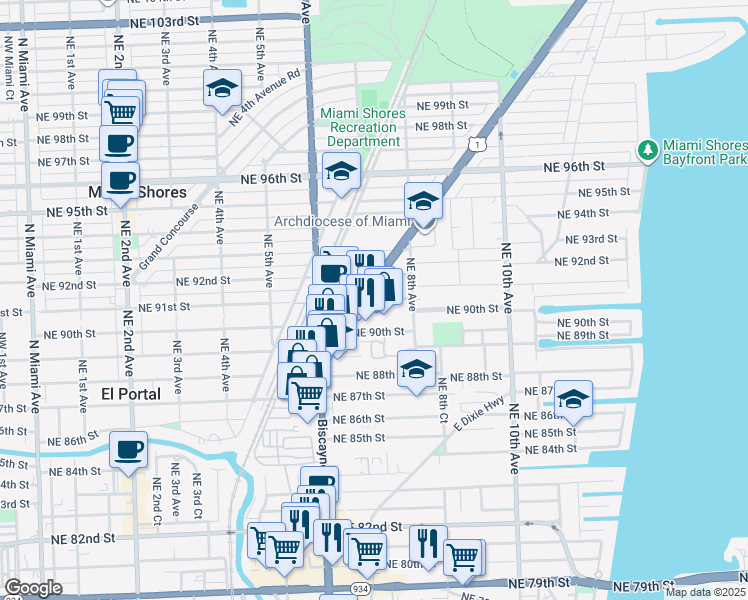 map of restaurants, bars, coffee shops, grocery stores, and more near 9031 Biscayne Boulevard in Miami Shores