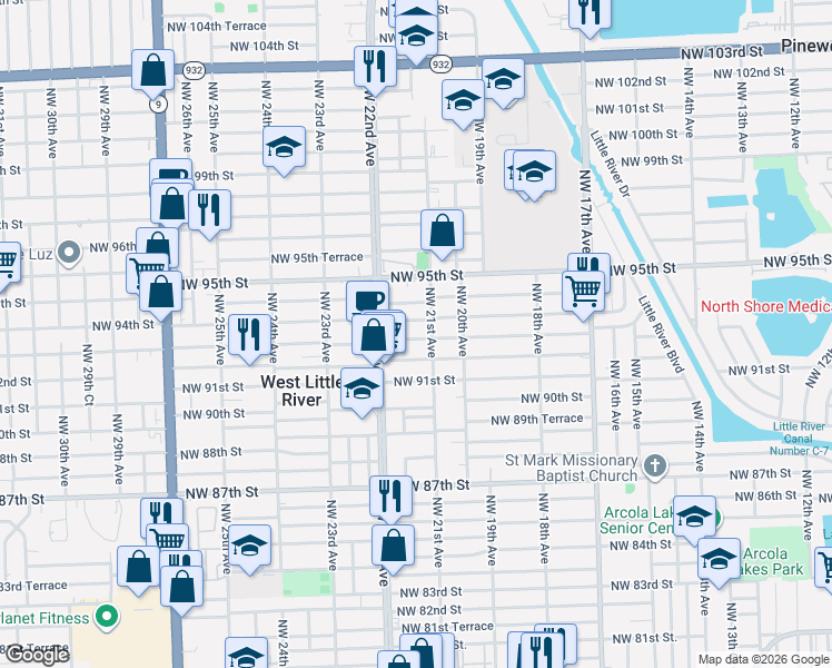 map of restaurants, bars, coffee shops, grocery stores, and more near 2101 Northwest 92nd Street in Miami
