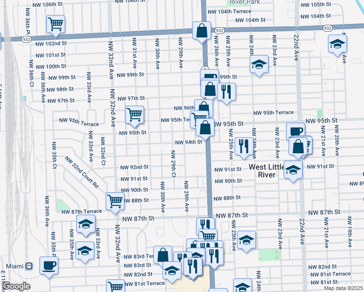 map of restaurants, bars, coffee shops, grocery stores, and more near 2895 Northwest 93rd Street in Miami