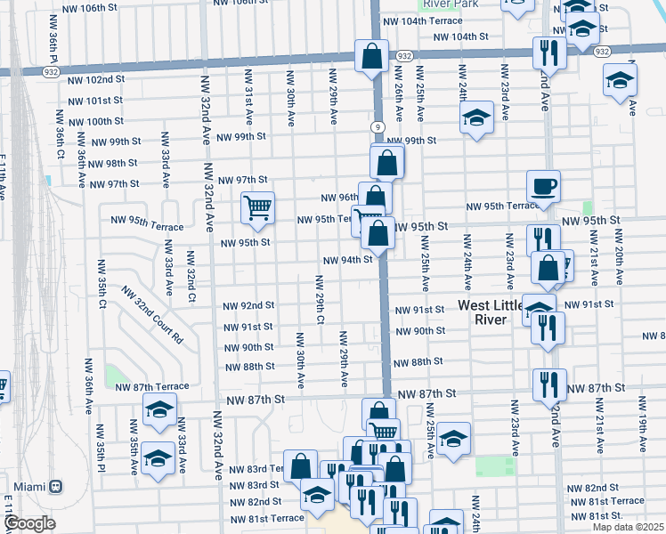 map of restaurants, bars, coffee shops, grocery stores, and more near 2895 Northwest 93rd Street in Miami