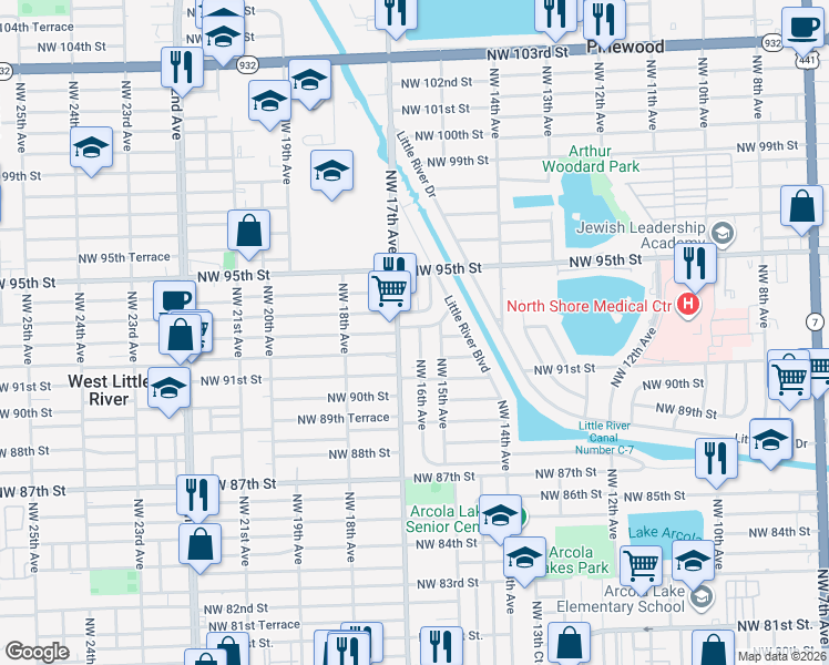 map of restaurants, bars, coffee shops, grocery stores, and more near 9210 Northwest 15th Avenue in Miami