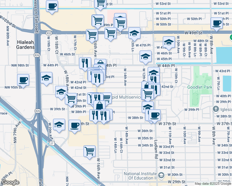 map of restaurants, bars, coffee shops, grocery stores, and more near 1465 West 41st Street in Hialeah