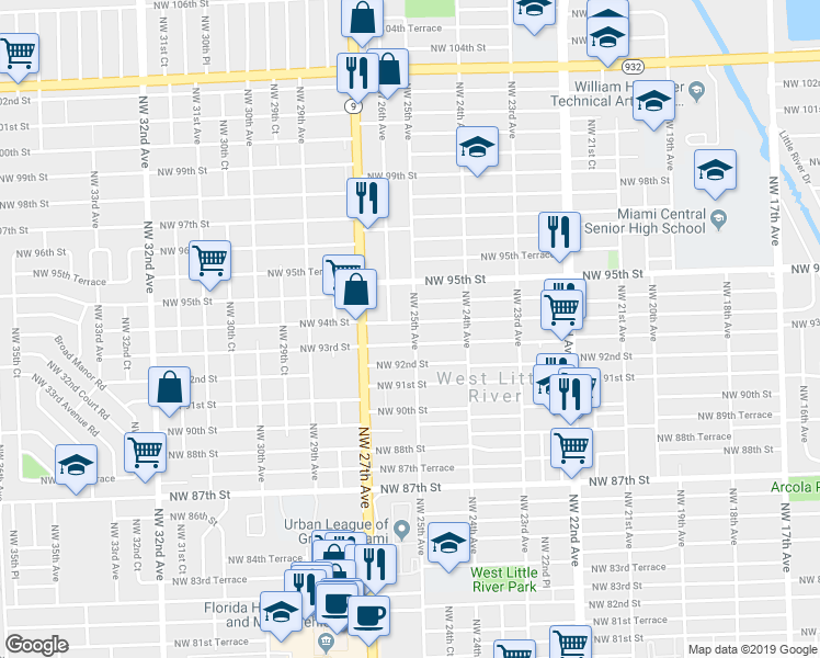 map of restaurants, bars, coffee shops, grocery stores, and more near 2514 Northwest 93rd Terrace in Miami