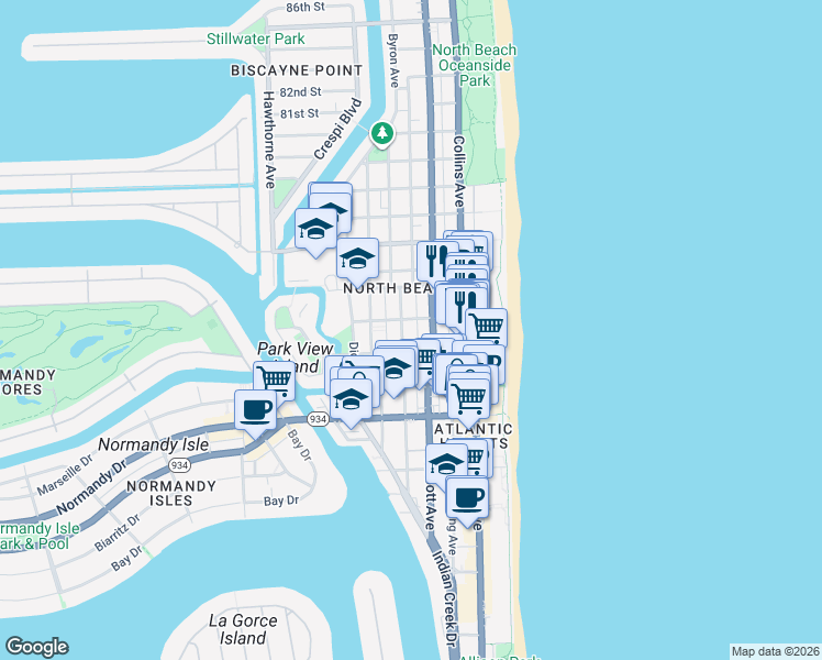 map of restaurants, bars, coffee shops, grocery stores, and more near 7310 Harding Avenue in Miami Beach