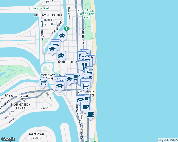 map of restaurants, bars, coffee shops, grocery stores, and more near 7300 Ocean Terrace in Miami Beach