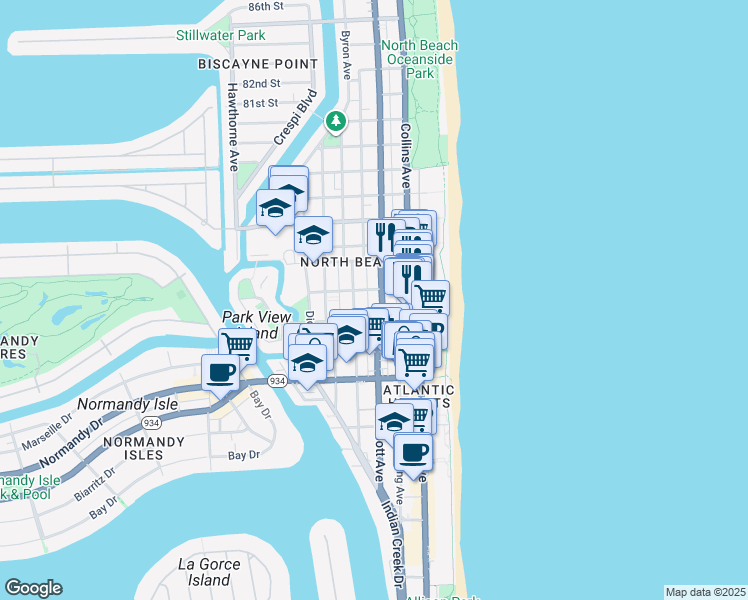 map of restaurants, bars, coffee shops, grocery stores, and more near 26 73rd Street in Miami Beach