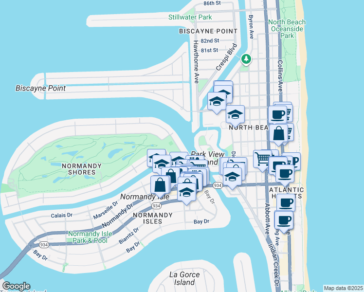 map of restaurants, bars, coffee shops, grocery stores, and more near 85 North Shore Drive in Miami Beach