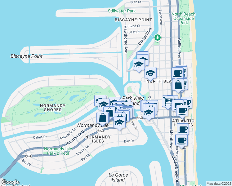 map of restaurants, bars, coffee shops, grocery stores, and more near 85 North Shore Drive in Miami Beach