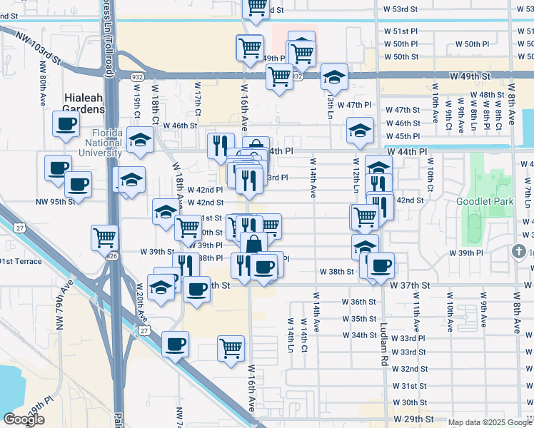 map of restaurants, bars, coffee shops, grocery stores, and more near 1516 West 41st Street in Hialeah