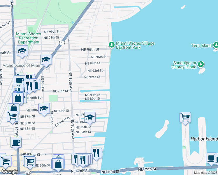 map of restaurants, bars, coffee shops, grocery stores, and more near 1245 Northeast 90th Street in Miami