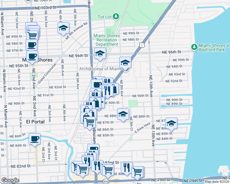 map of restaurants, bars, coffee shops, grocery stores, and more near 9031 Biscayne Boulevard in Miami Shores
