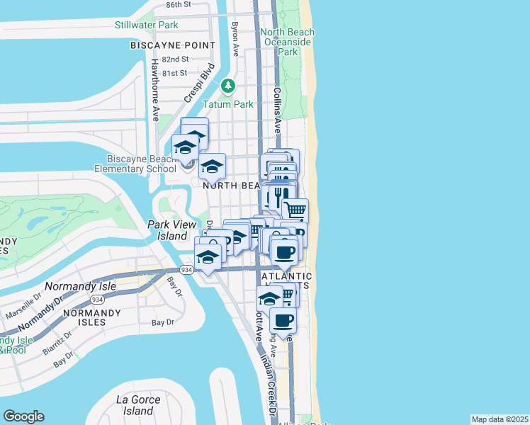 map of restaurants, bars, coffee shops, grocery stores, and more near 26 73rd Street in Miami Beach