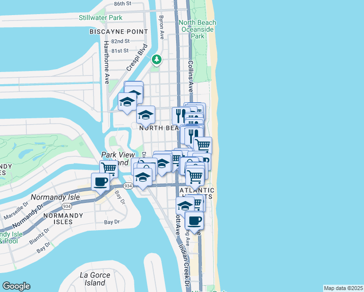 map of restaurants, bars, coffee shops, grocery stores, and more near 7337 Harding Avenue in Miami Beach