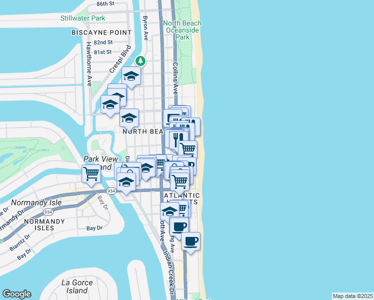 map of restaurants, bars, coffee shops, grocery stores, and more near 7330 Ocean Terrace in Miami Beach
