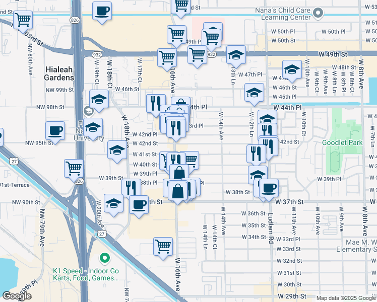 map of restaurants, bars, coffee shops, grocery stores, and more near 1555 West 41st Street in Hialeah