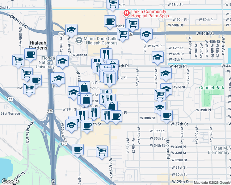map of restaurants, bars, coffee shops, grocery stores, and more near 1565 West 41st Street in Hialeah