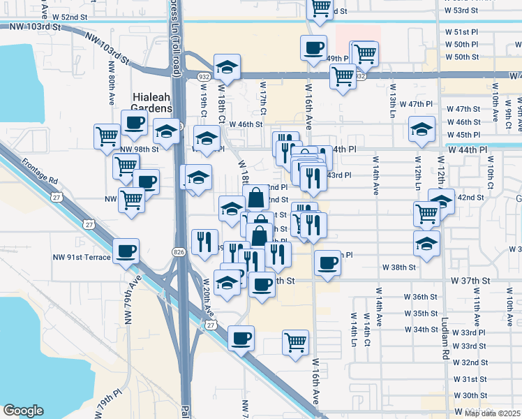 map of restaurants, bars, coffee shops, grocery stores, and more near 1750 West 41st Street in Hialeah