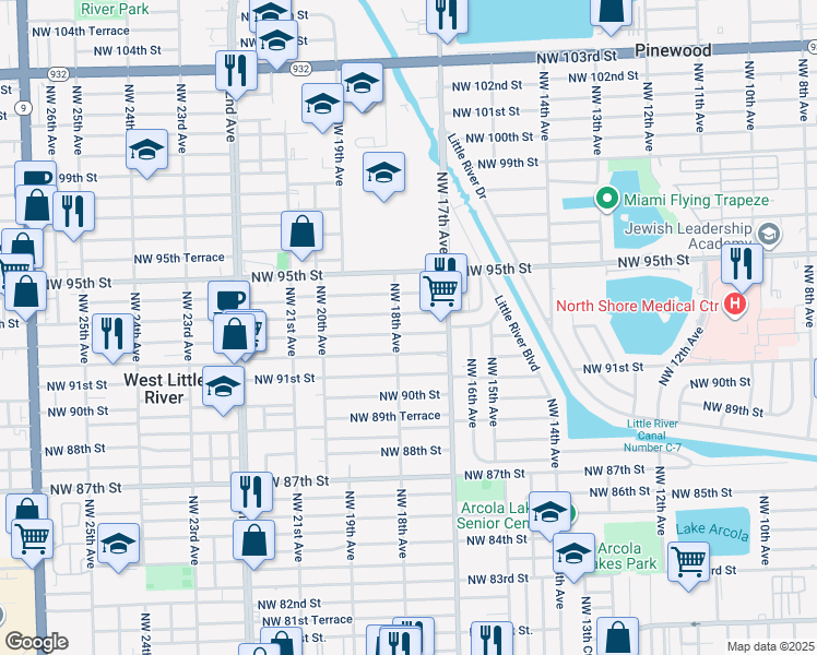 map of restaurants, bars, coffee shops, grocery stores, and more near 1799 Northwest 92nd Street in Miami