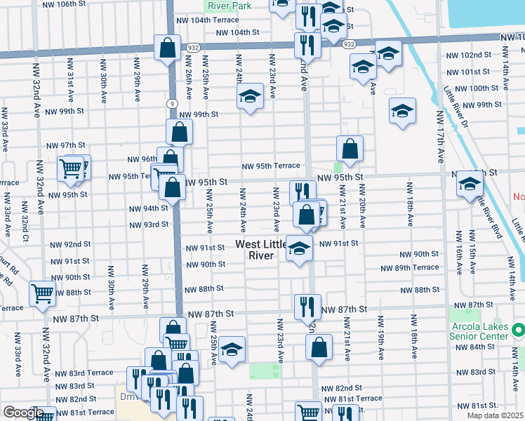 map of restaurants, bars, coffee shops, grocery stores, and more near 2330 Northwest 93rd Street in Miami