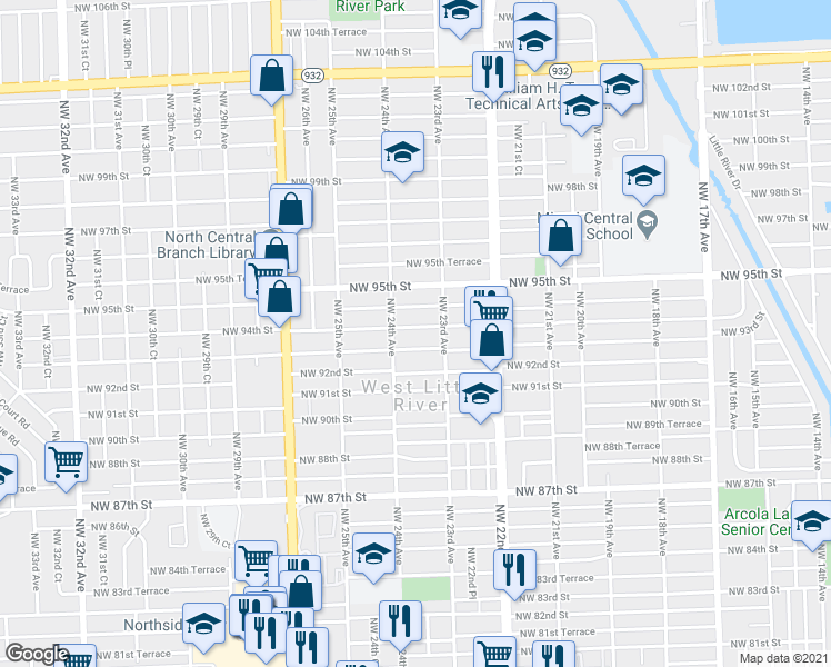 map of restaurants, bars, coffee shops, grocery stores, and more near 2330 Northwest 93rd Street in Miami
