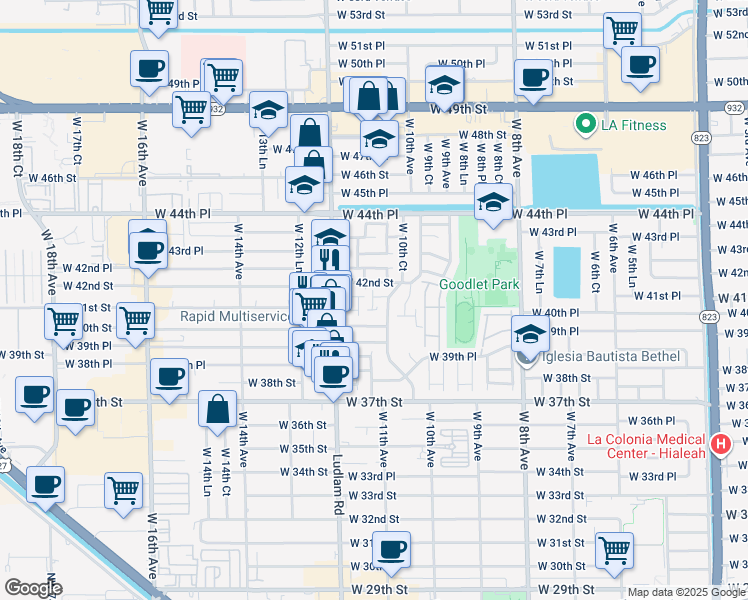map of restaurants, bars, coffee shops, grocery stores, and more near 4071 West 11th Court in Hialeah