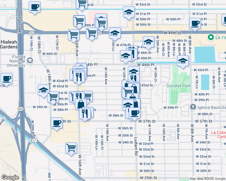 map of restaurants, bars, coffee shops, grocery stores, and more near 1360 West 41st Street in Hialeah