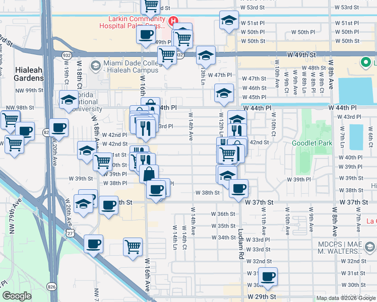 map of restaurants, bars, coffee shops, grocery stores, and more near 1432 West 41st Street in Hialeah