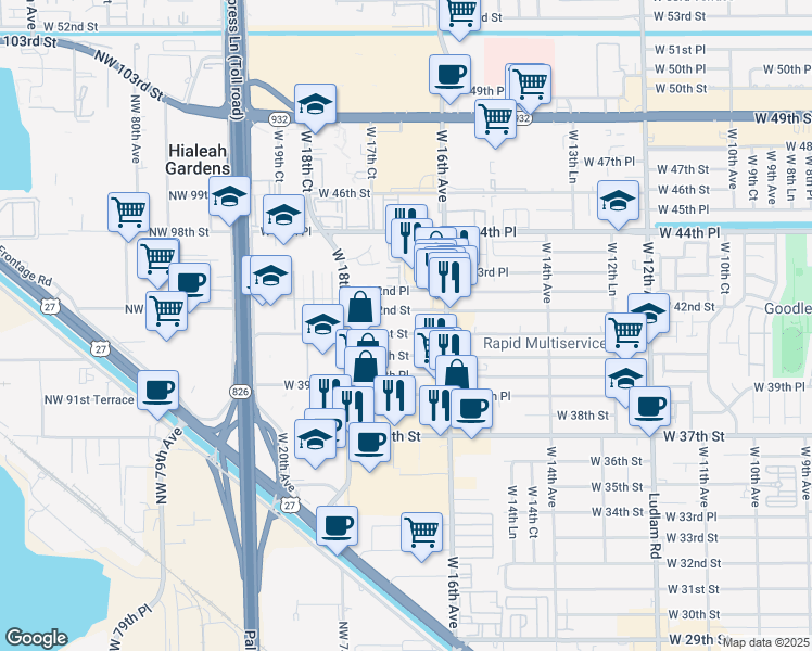map of restaurants, bars, coffee shops, grocery stores, and more near 1652 West 41st Street in Hialeah