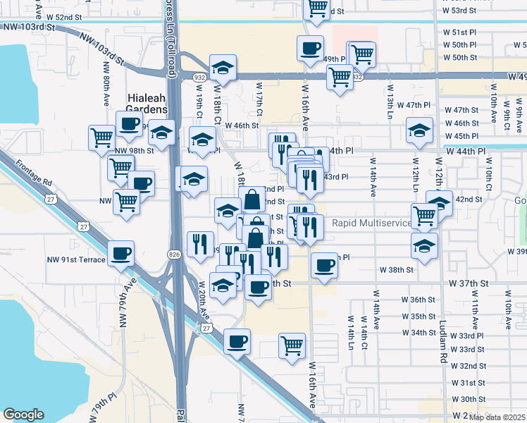 map of restaurants, bars, coffee shops, grocery stores, and more near 1750 West 41st Street in Hialeah