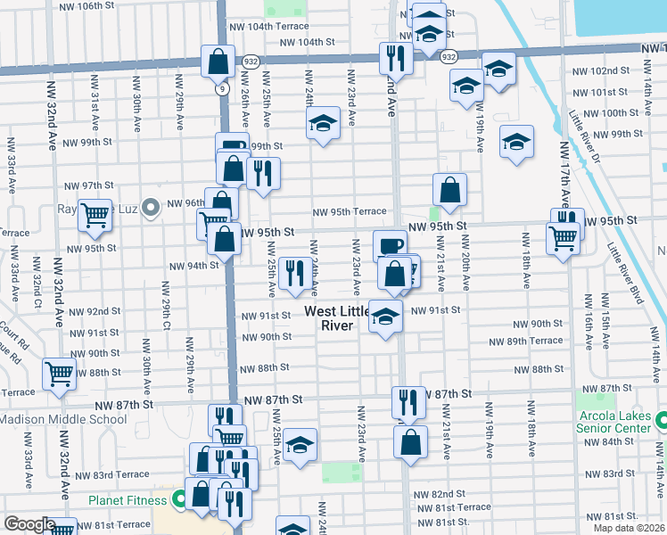 map of restaurants, bars, coffee shops, grocery stores, and more near 2330 Northwest 93rd Street in Miami