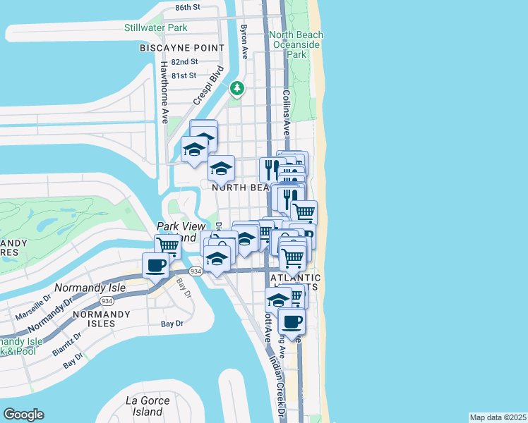 map of restaurants, bars, coffee shops, grocery stores, and more near 7340 Harding Ave in Miami Beach