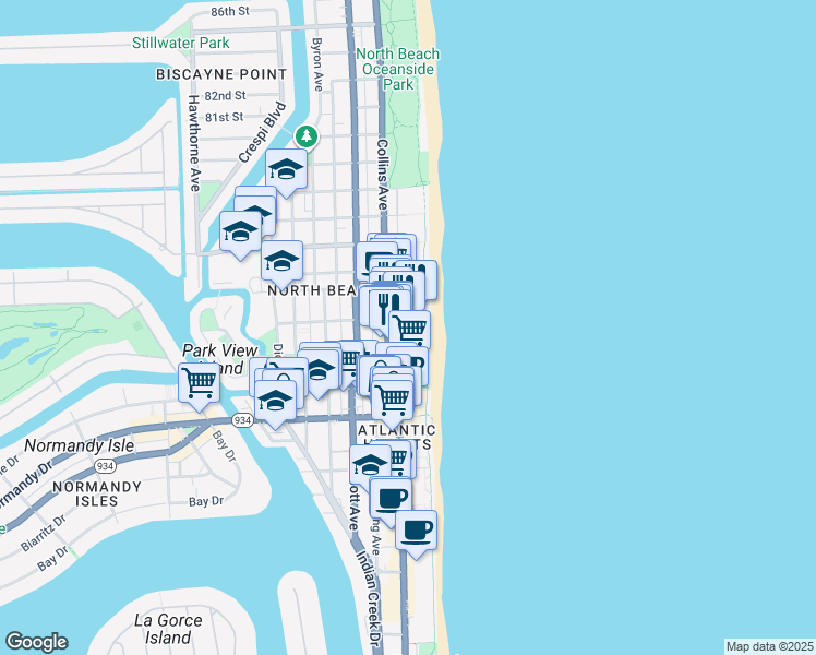 map of restaurants, bars, coffee shops, grocery stores, and more near 7300 Ocean Terrace in Miami Beach