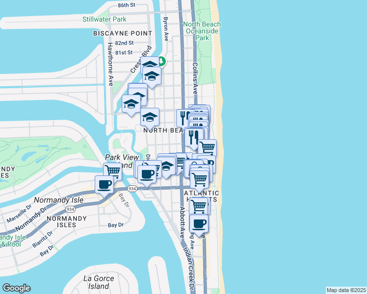 map of restaurants, bars, coffee shops, grocery stores, and more near 7344 Harding Avenue in Miami Beach