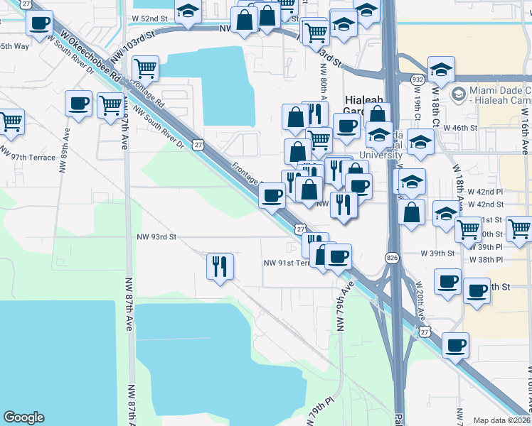 map of restaurants, bars, coffee shops, grocery stores, and more near 2450 Okeechobee Road in Hialeah Gardens