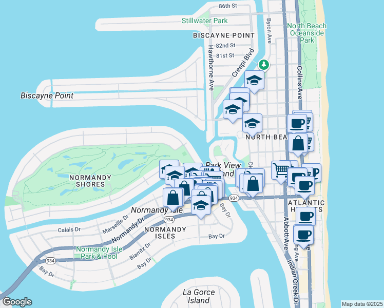 map of restaurants, bars, coffee shops, grocery stores, and more near 163 North Shore Drive in Miami Beach