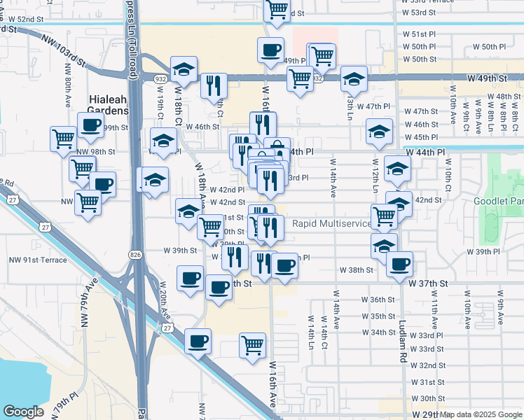 map of restaurants, bars, coffee shops, grocery stores, and more near in Hialeah