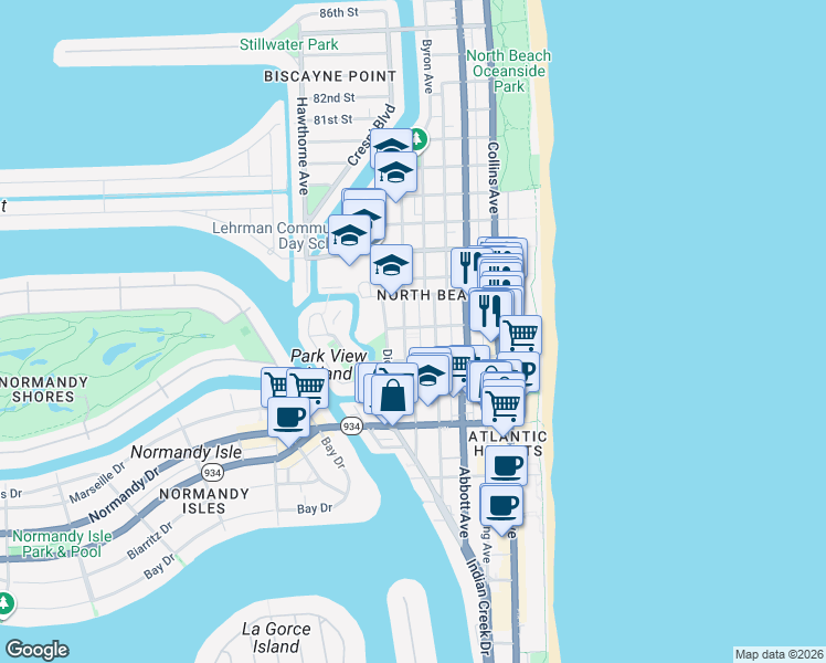 map of restaurants, bars, coffee shops, grocery stores, and more near 542 74th Street in Miami Beach