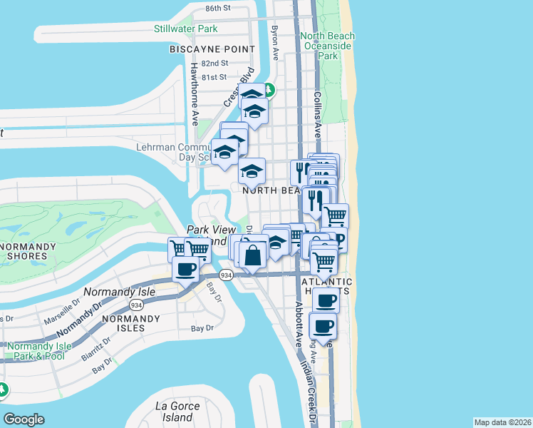 map of restaurants, bars, coffee shops, grocery stores, and more near 540 74th Street in Miami Beach