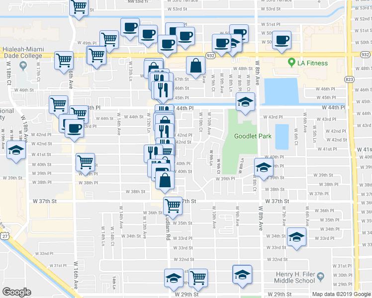 map of restaurants, bars, coffee shops, grocery stores, and more near 1133 West 42nd Street in Hialeah